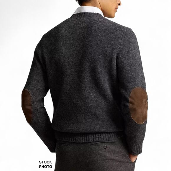 Polo Ralph Lauren Sweater Sz L Gray Cotton Wool Alpaca V Neck Suede Patches Y2K - Picture 2 of 8